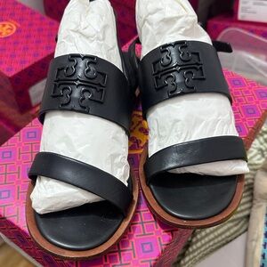 Tory Burch Black Leather Double-Strap Logo Slide Sandals